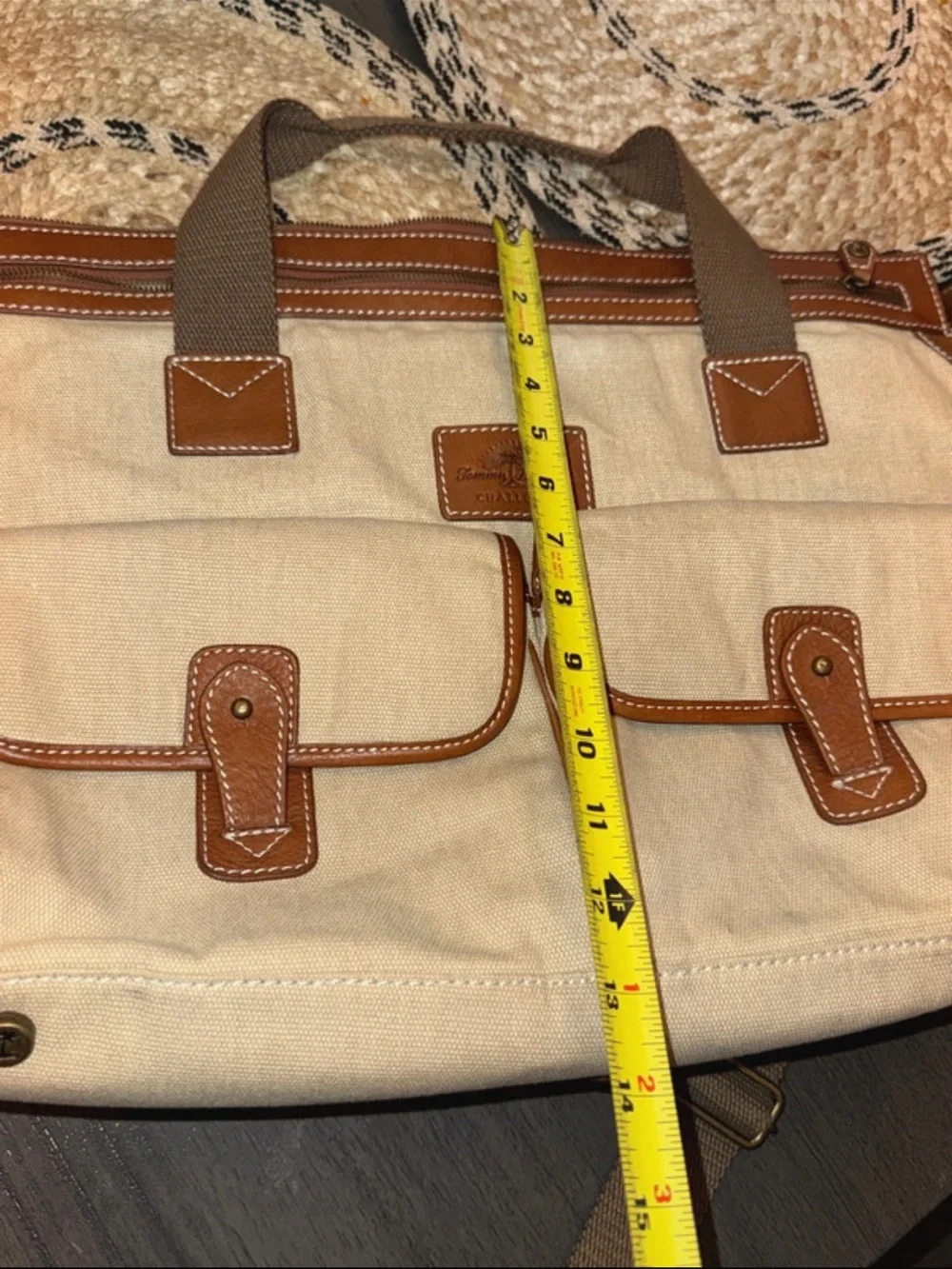 Tommy Bahama Challenge Canvas Leather Messenger Bag Travel Satchel Brown Beige